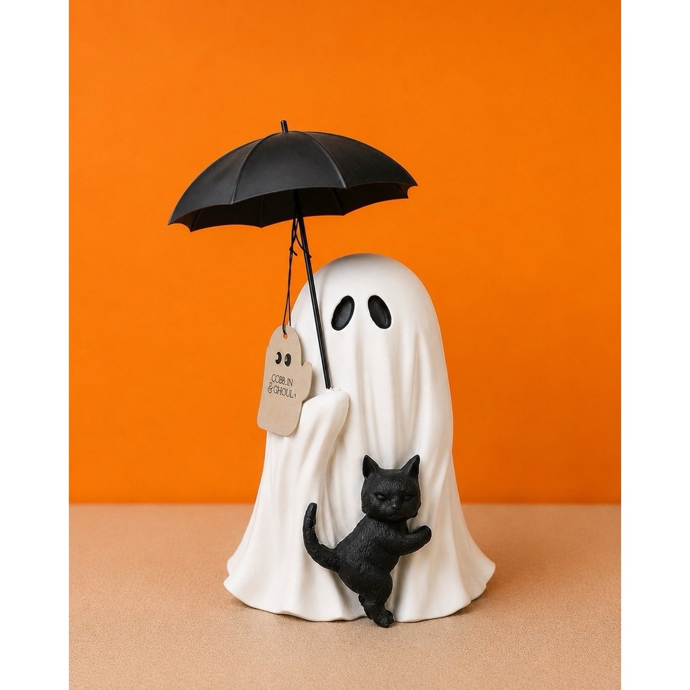 Goblin & Ghoul Ghost With Black Cat and Umbrella VIRAL Halloween Decor NWT